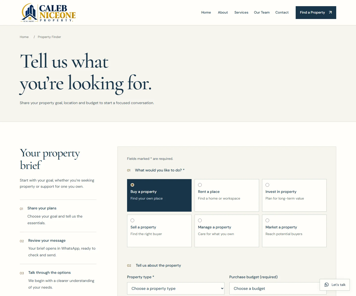 Property Finder screenshot with Buy selected, six property goals, and the beginning of the property brief form