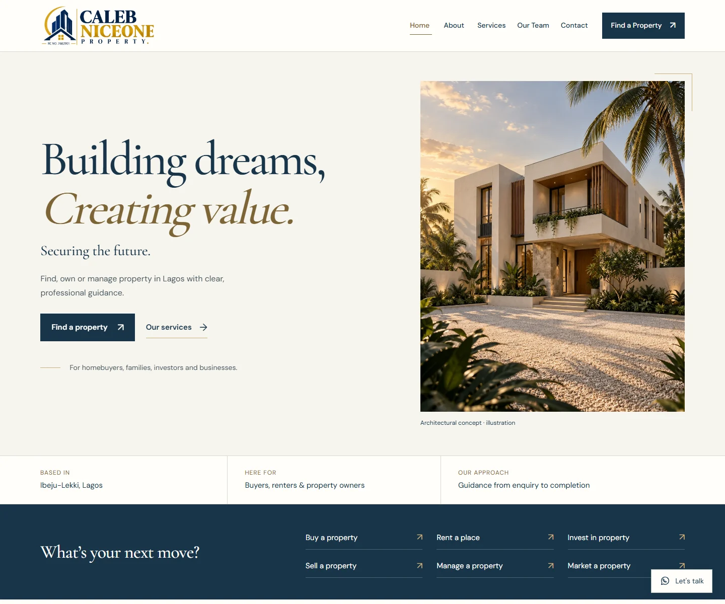 Live homepage screenshot of Caleb NiceOne Property