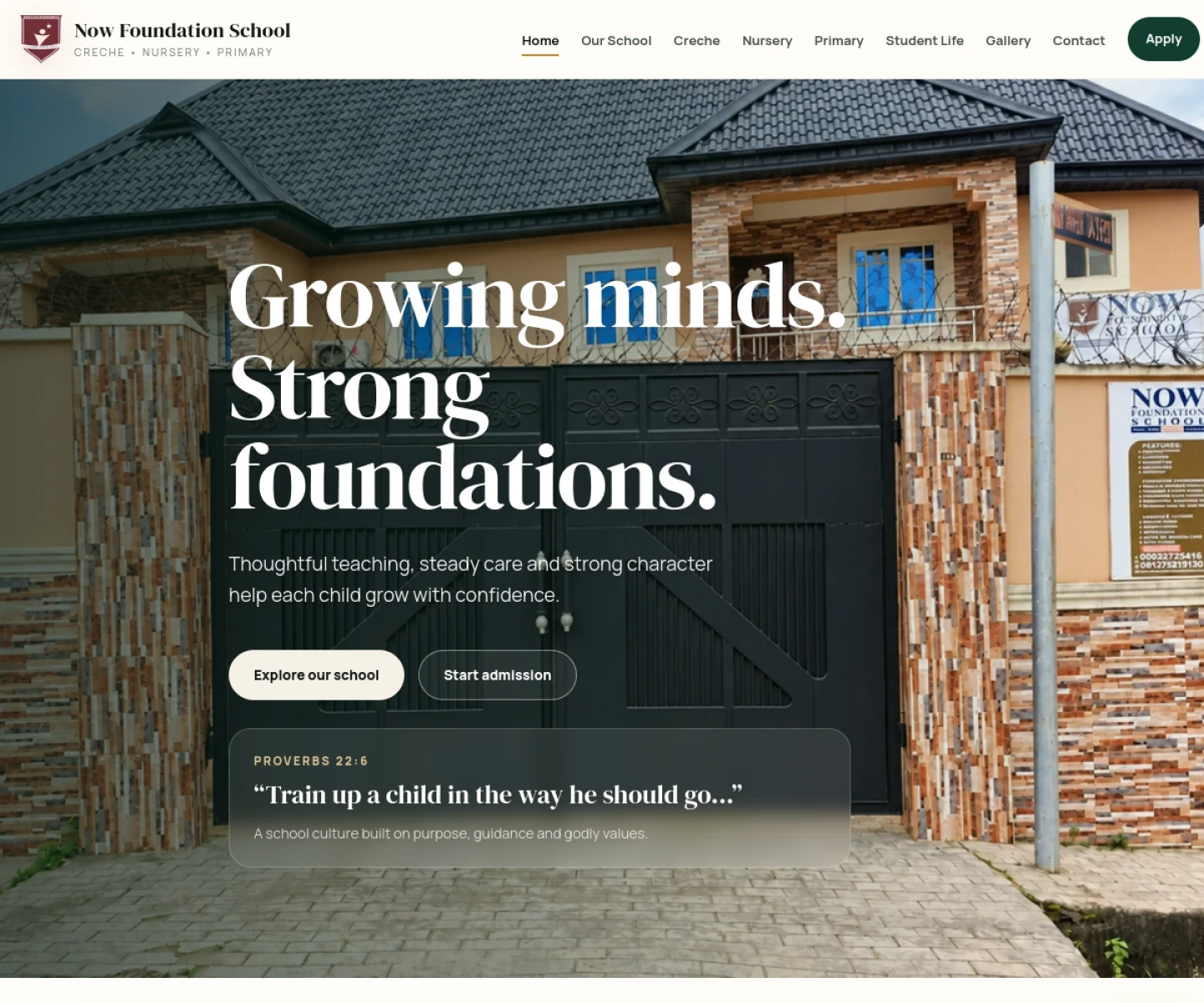 Live homepage screenshot of Now Foundation School